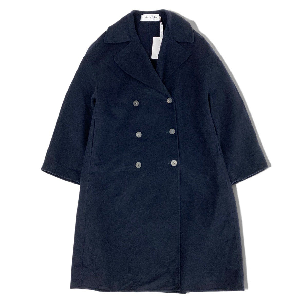 j9 【極美品】Christian Dior ダブルコート カシミヤロングコート 40サイズ ダークネイビー カシミヤ100％ レディース 女性用k02i