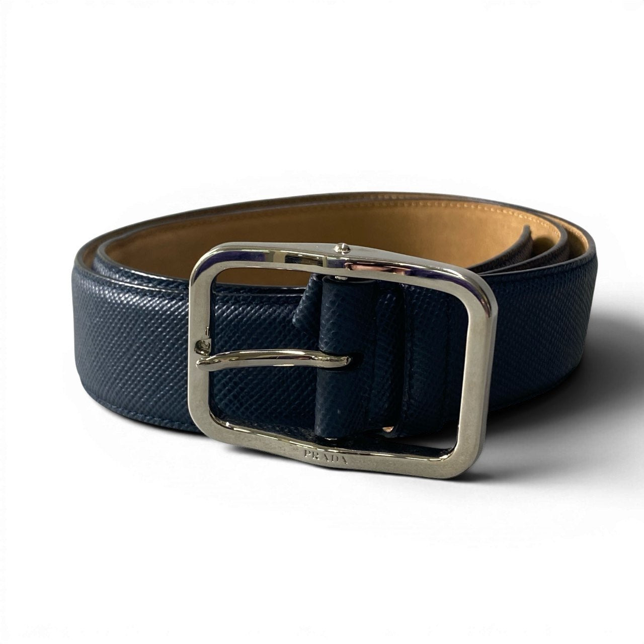 d23 PRADA プラダ サフィアーノ レザーベルト 型押しレザー イタリア製 36/90 ネイビー メンズ 紳士用u02t