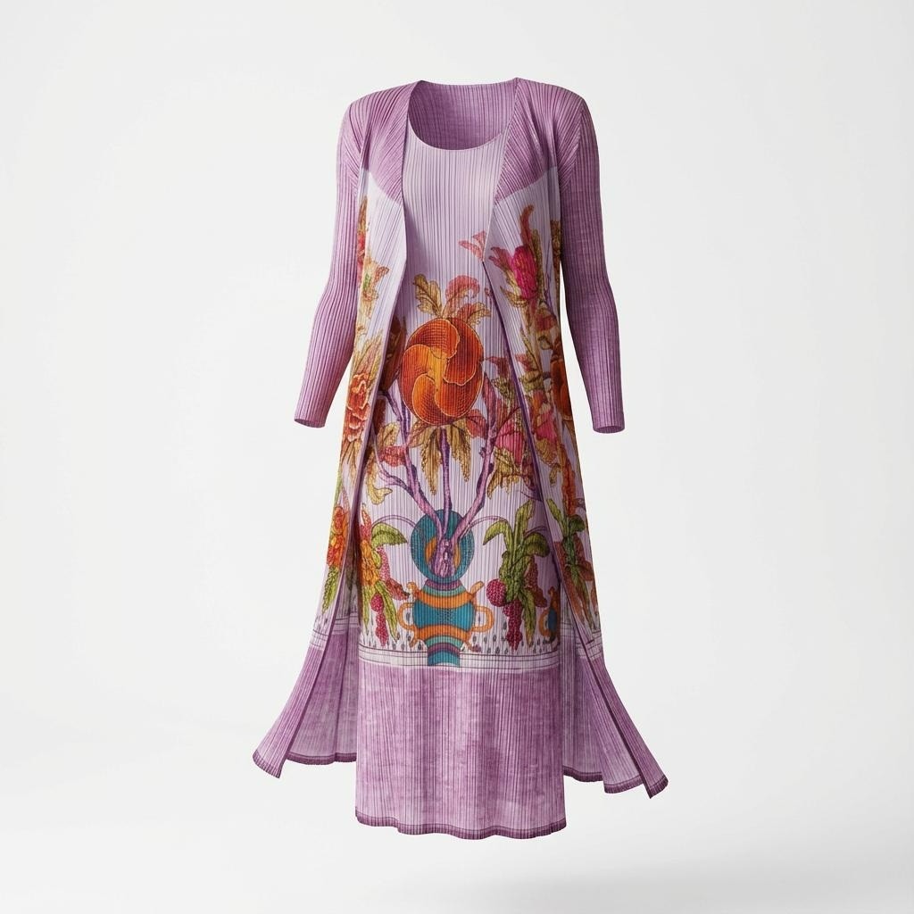 16a24 【美品】 PLEATS PLEASE プリーツプリーズ イッセイミヤケ ロングカーディガン ワンピース 牡丹 セットアップ 1998 PP84-JH517 3 パープル レディース 女性用k02i