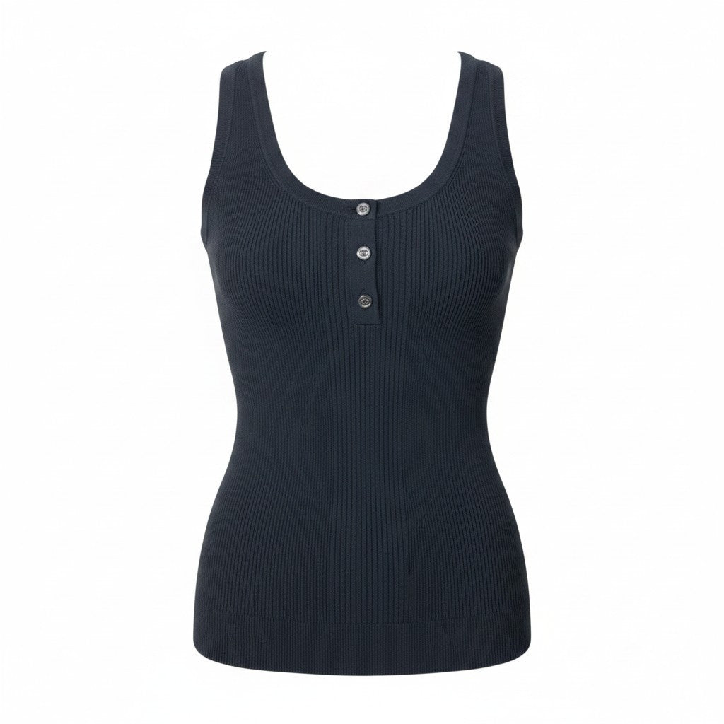 Ch10 【美品】CHANEL 2008年 ノースリーブリブニット ココマークボタン P32503 38サイズ ブラック レディース 女性用u02t