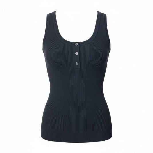Ch10 【美品】CHANEL 2008年 ノースリーブリブニット ココマークボタン P32503 38サイズ ブラック レディース 女性用u02t