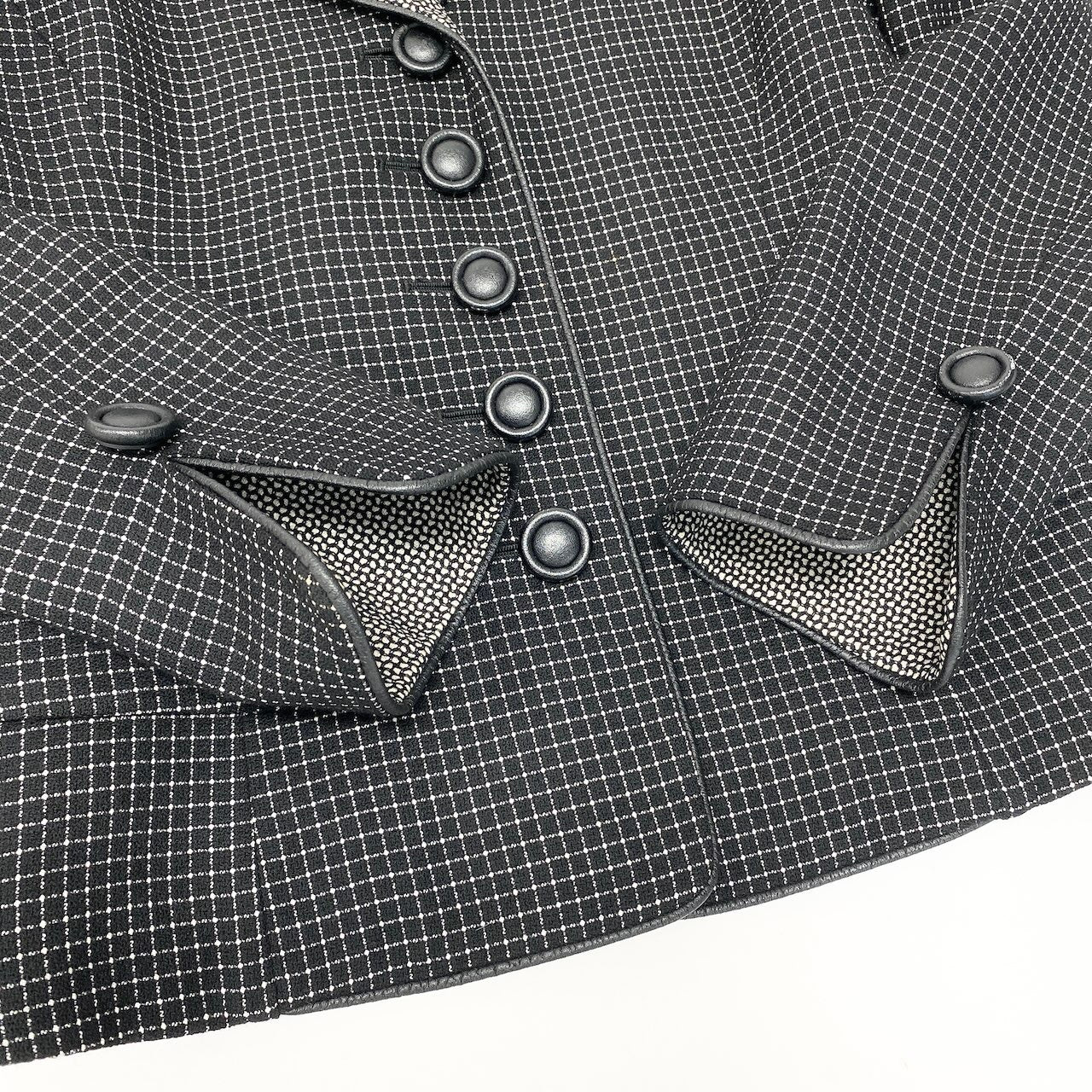 62e12 Christian Dior クリスチャンディオール テーラードジャケット  レザーパイピング チェック柄 総柄 サイズ9 ブラック ホワイト レディース 女性用o07t