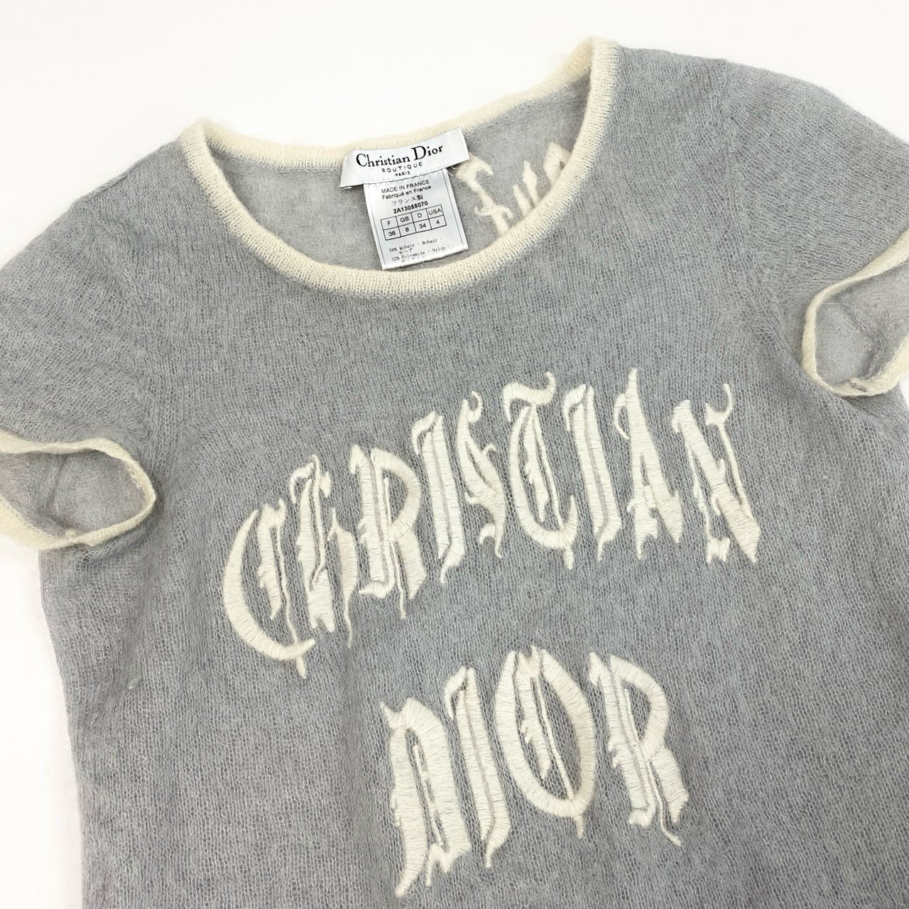 d7 Christian Dior クリスチャンディオール 2002 ガリアーノ期 ロゴ刺繡 半袖ニット セーター トップス 2A13055070 36 グレー レディースu02t