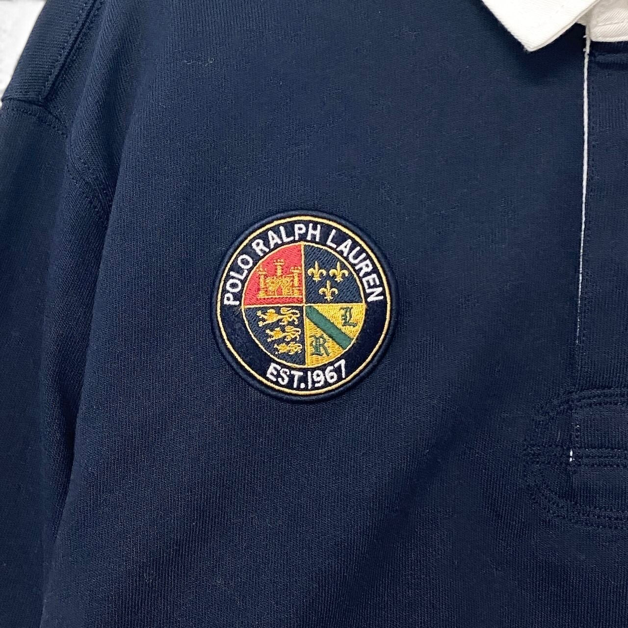 62i1 【未使用タグ付】 POLO RALPH LAUREN ポロラルフローレン CUSTOM SLIM FIT ロゴプリント 長袖ポロシャツ トリコロール ビッグポニー XXL ネイビー ホワイト レッド コットン100％ メンズu02t