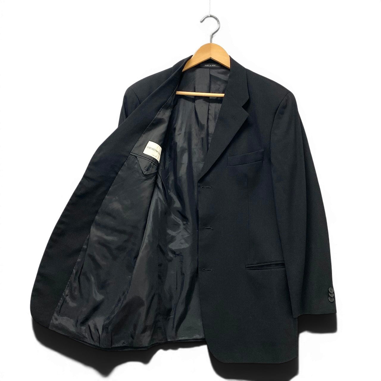 81e21 EMPORIO ARMANI エンポリオアルマーニ スーツセットアップ テーラードジャケット スラックス イタリア製 48サイズ ブラック ウール100％ メンズ 男性用u02t