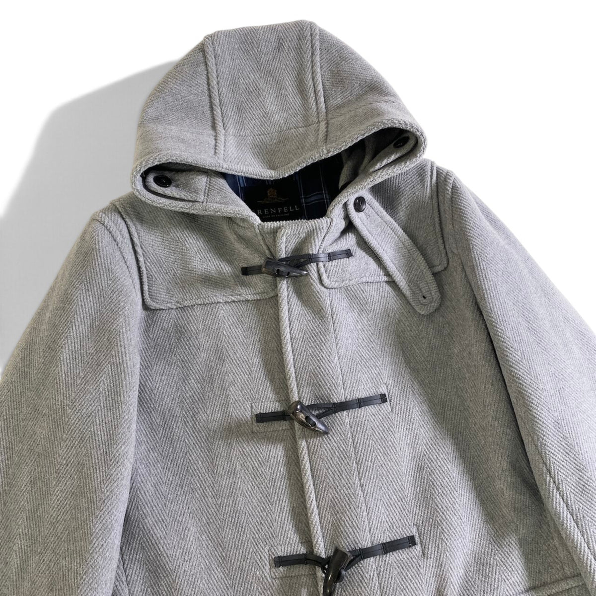 8j26 GRENFELL グレンフェル BAKER LONG ベーカー ダッフルコート トグルボタン 裏地チェック柄 36 ライトグレー メンズu02t