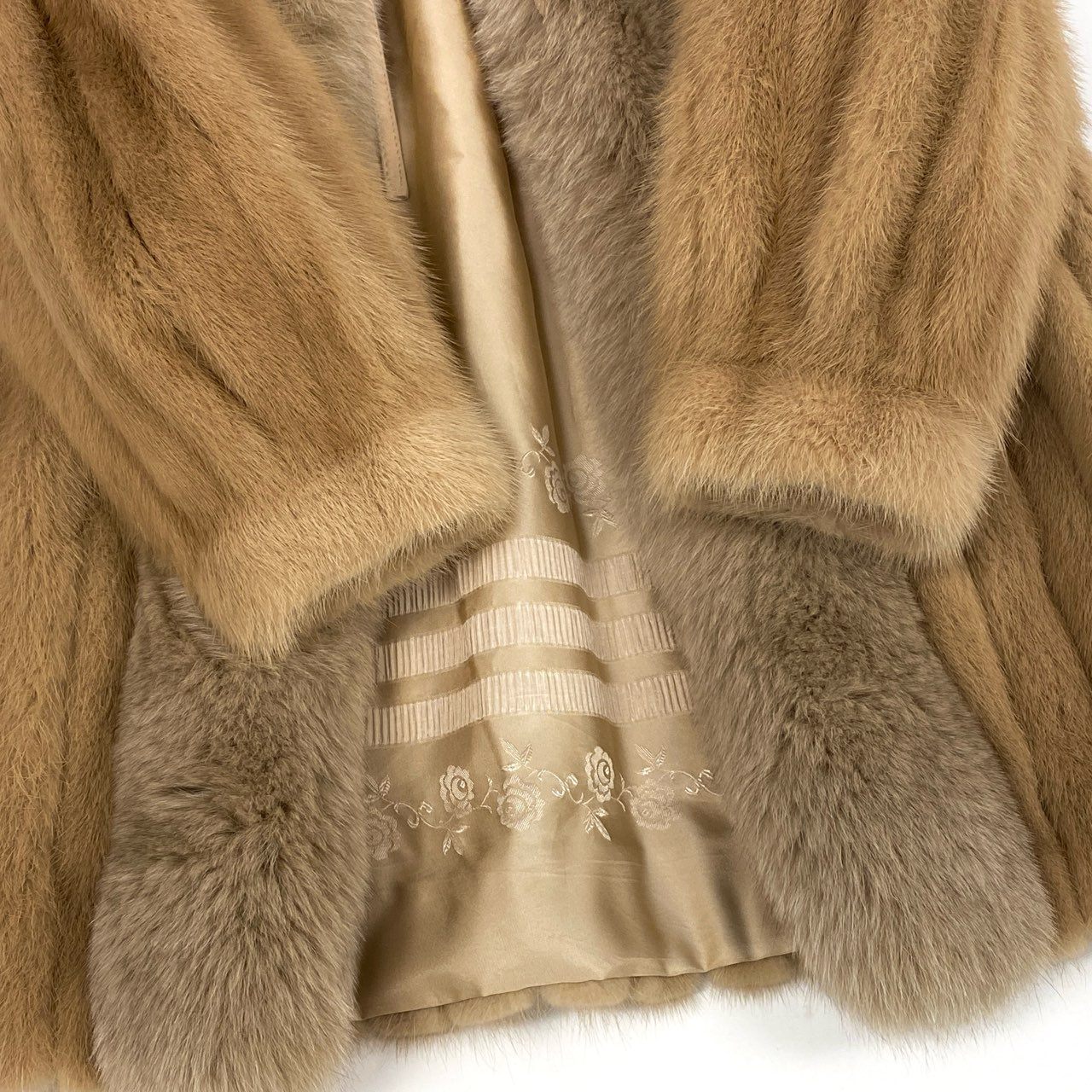 25L5 EMBA エンバ パステルミンク × フォックスファー ロングコート サイズF ベージュ 最高級本毛皮 レアデザイン MINK FOX FURt18r