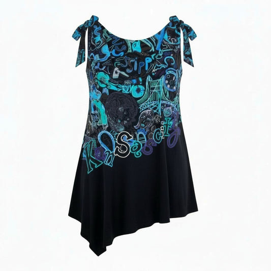 2k19《美品》 TOKUKO 1er VOL トクコプルミエヴォル ノースリーブワンピース ロングワンピース アシンメトリー 総柄プリント 9 ブラック レディースu02t