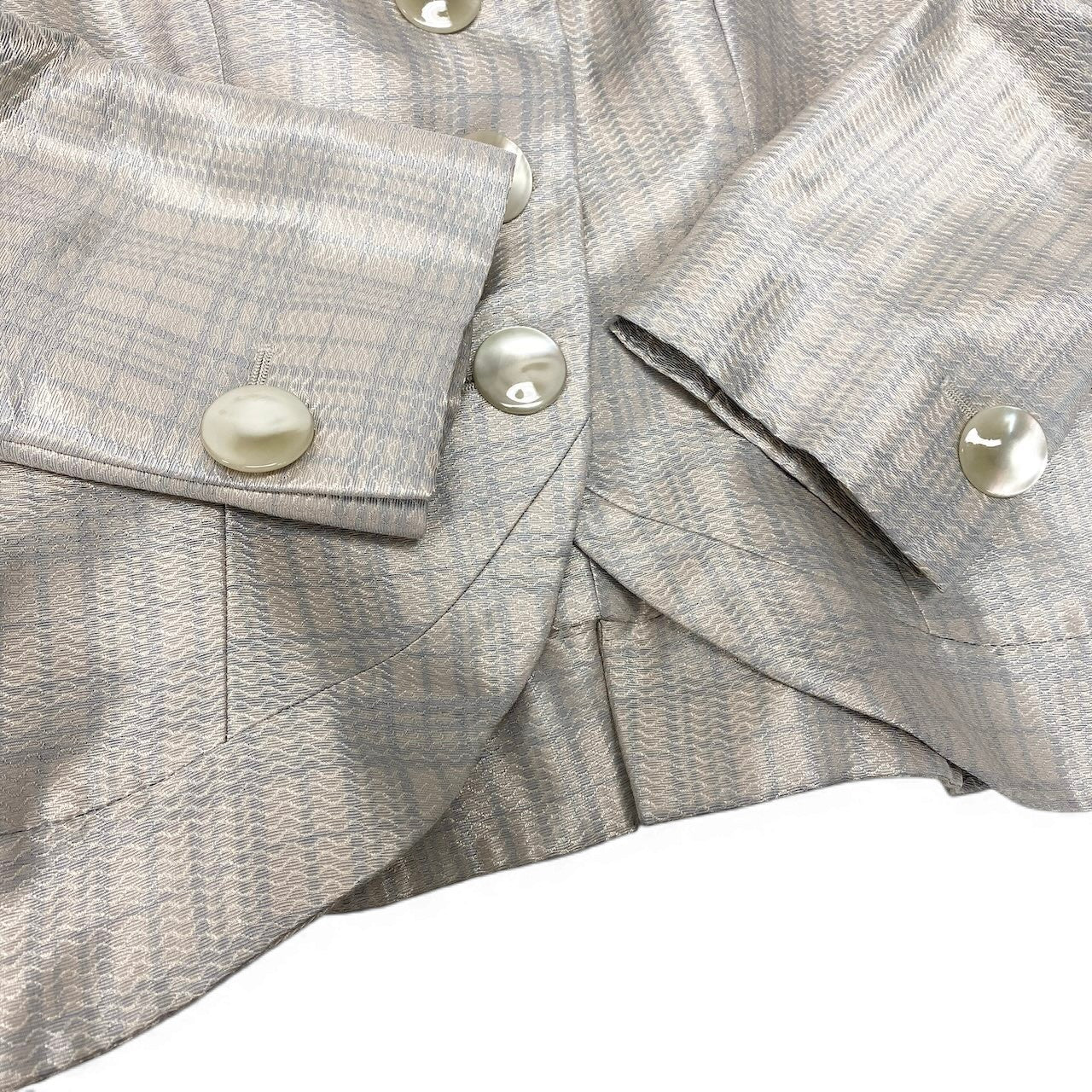 91g24 【美品】 GIORGIO ARMANI ジョルジオアルマーニ テーラードジャケット  BORGO21 チェック柄 丸襟 サイズ36 光沢ベージュ ライトグレー レディースu02t