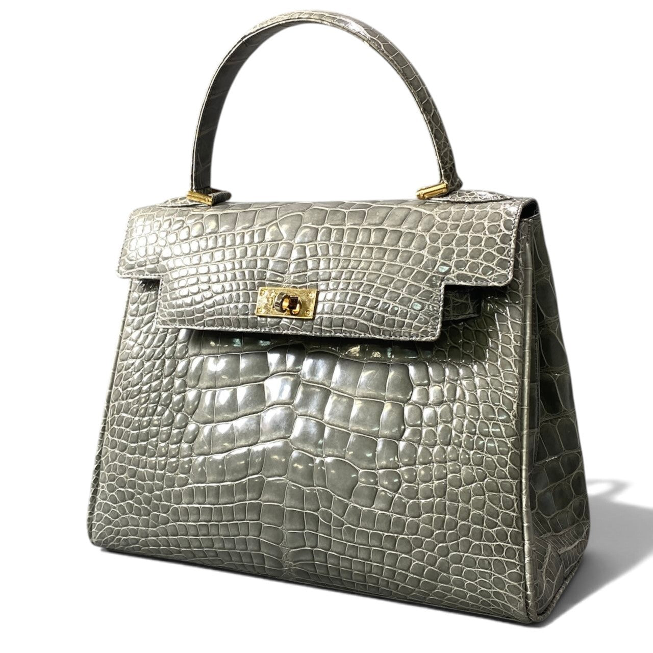 h21 GENUINE CROCODILE SKIN ワニ革 クロコダイル ハンドバッグ グレー レザー レディース 女性用k02i
