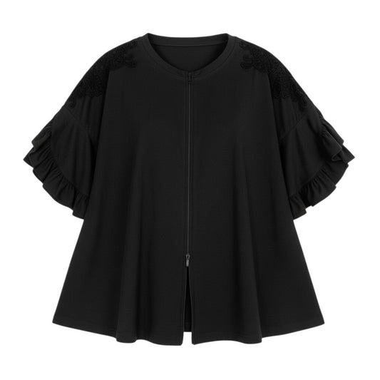 42b27 【美品】 TOKUKO 1er VOL ＊J トクコプルミエヴォル ノーカラージャケット ダブルジップジャケット フリルスリーブ レース装飾 サイズ9 レディース 女性服 サイズ9 ブラックu02t