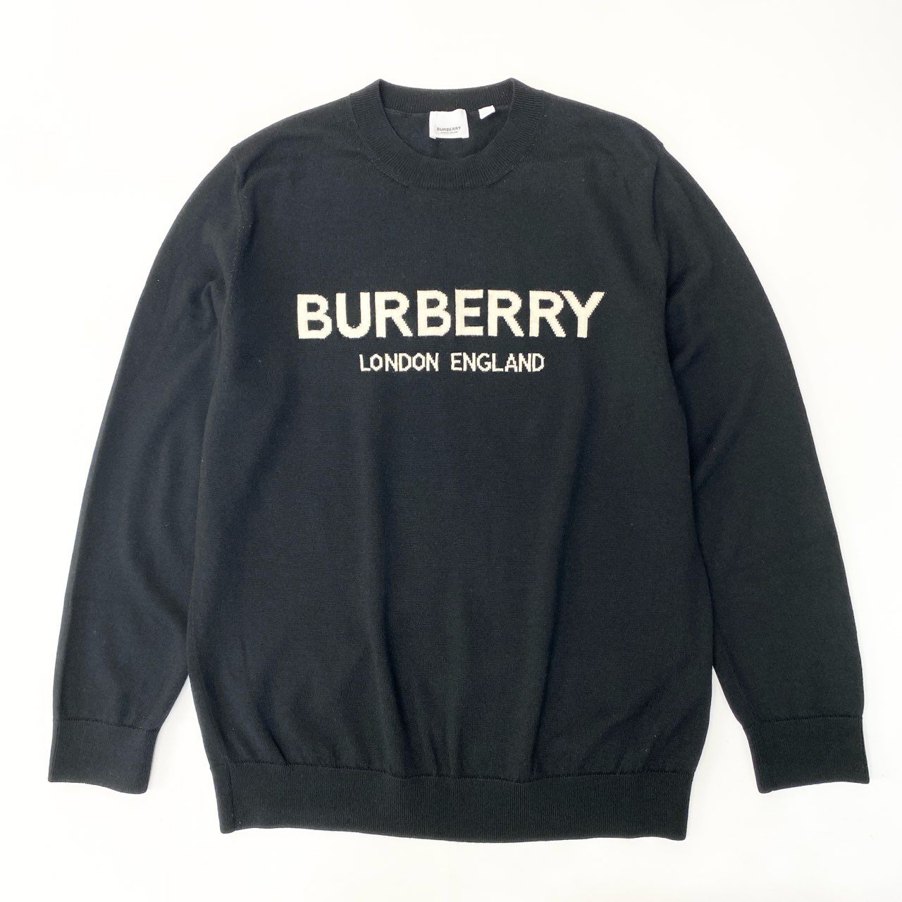 82a29 BURBERRY LONDON ENGLAND バーバリー ロンドンイングランド 長袖ニットセーター 胸元ブランドロゴ トップス イタリア製 Lサイズ ブラック ホワイト メンズ 男性用o07t