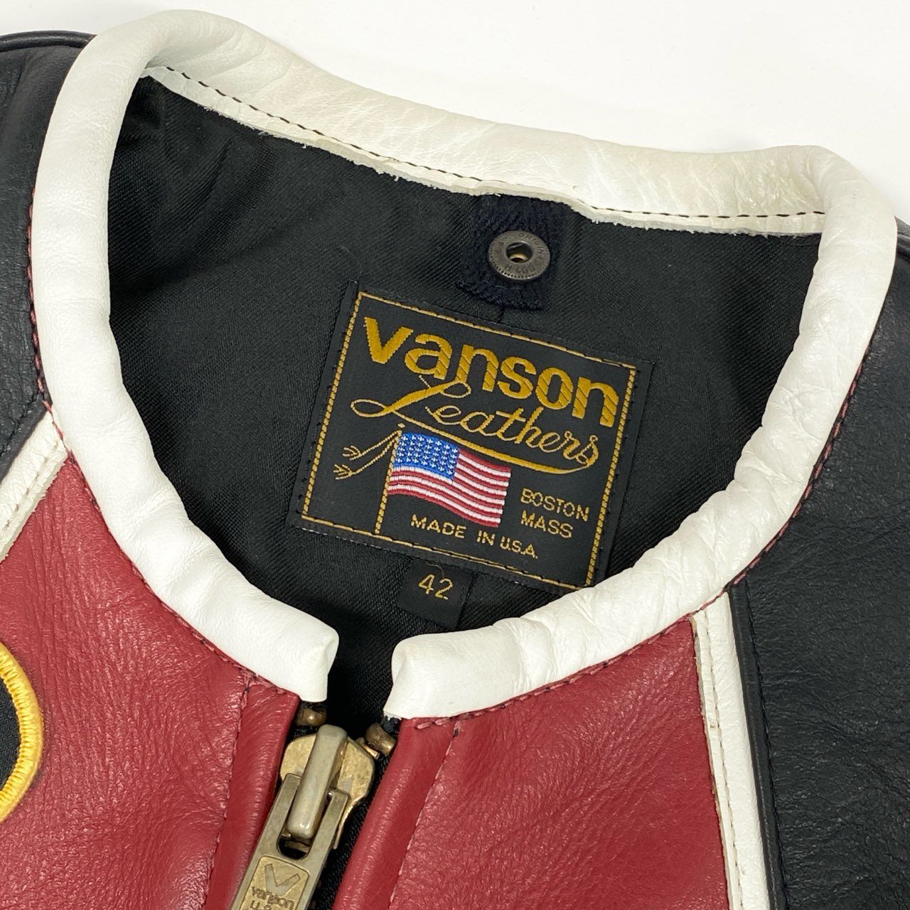 49f2 VANSON バンソン USA製 BOSTON MASS ワンスター シングルライダースジャケット レーシング ワッペン 42 ブラック マルチカラー レザー