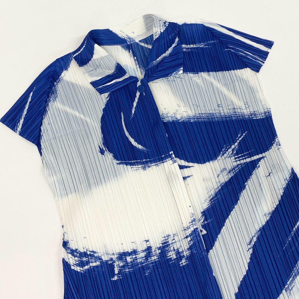 32l24【美品】PLEATS PLEASE プリーツプリーズ シャツワンピース チュニックワンピース 2022 SKY PP21-JJ712 3サイズ ホワイト ブルー ポリエステル100％ レディースk02i