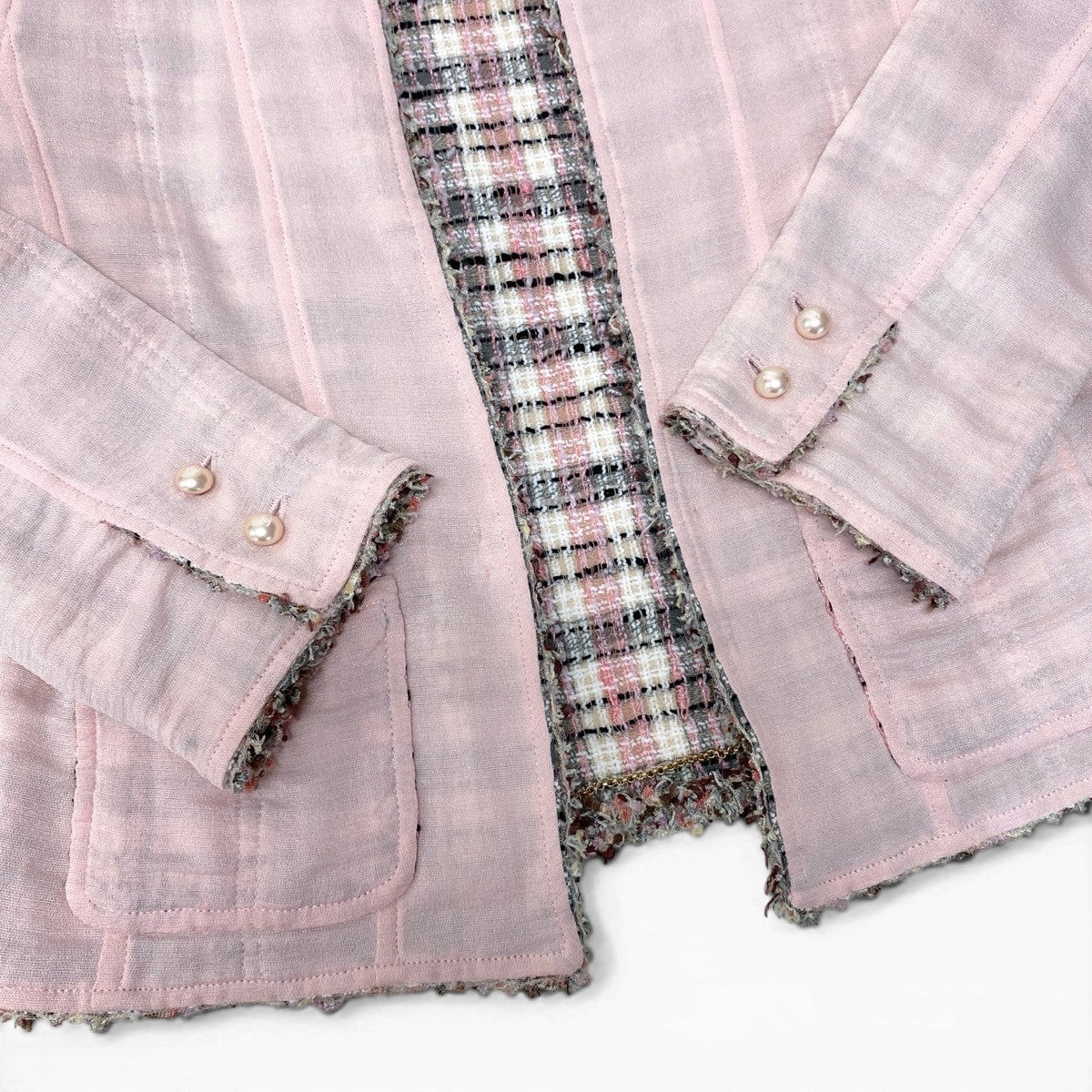 Cf11 CHANEL シャネル 03P チェーントリム ツイード 2Pジャケット ココマーク パールボタン サイズ36 ピンク レディース 女性用ta1