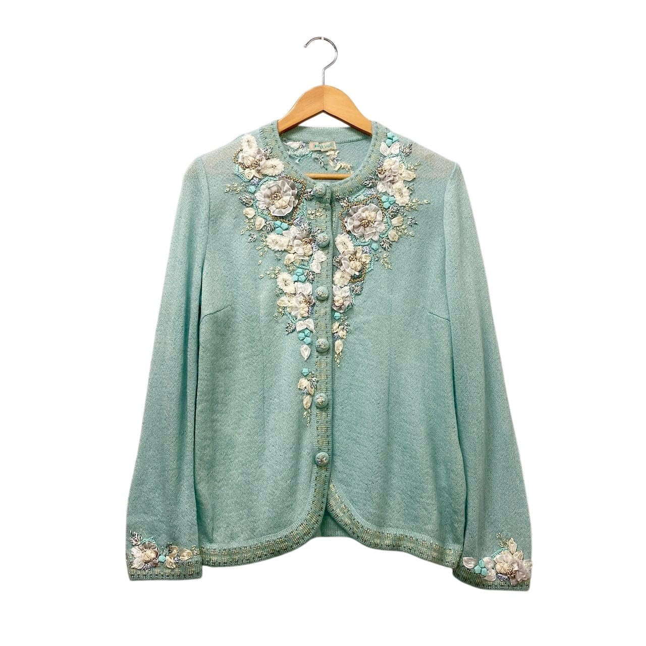 58g5 ATELIER SAGAN アトリエサガン ロングスリーブカーディガン ニットセーター 刺繍デザイン Mサイズ ミントブルー レディース 女性用u02t