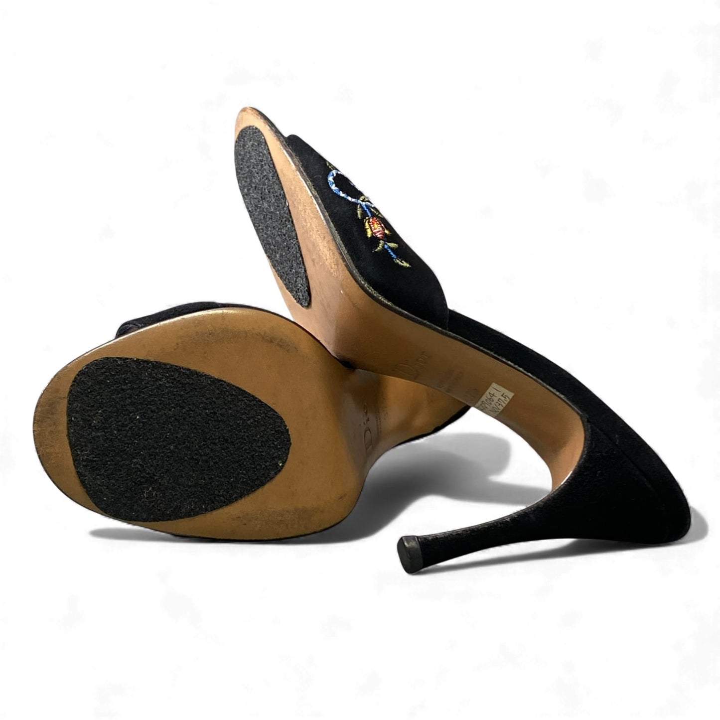 1L11 Christian Dior クリスチャンディオール 刺繍 キーチャーム付き サンダル サイズ37 1/2 ブラック スウェード レディース 女性用 靴k02i