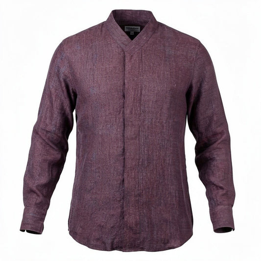 31a26 ARMANI COLLEZIONI アルマーニコレツィオーネ ノーカラーシャツ 長袖 チェック柄 比翼ボタン S パープル メンズ 男性用o07t