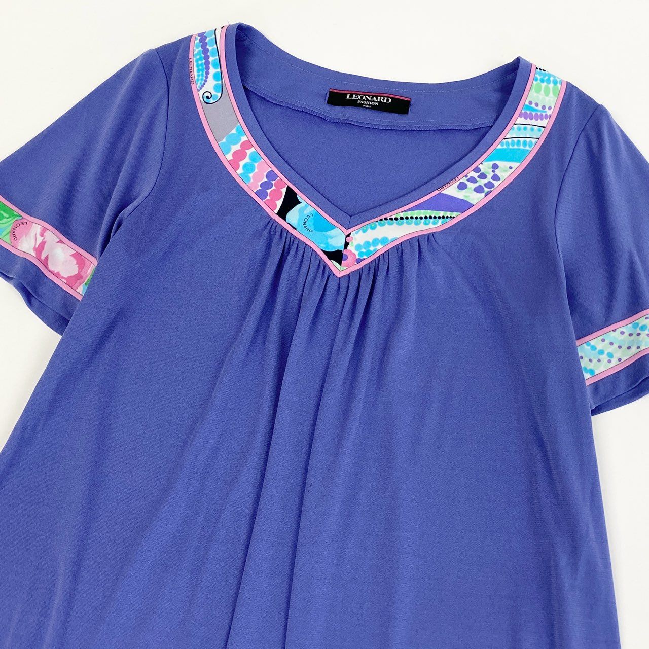 12b20 LEONARD レオナール カンカン素材 半袖ワンピース ロングワンピース 美しい花柄プリント L パープル レディースu02t