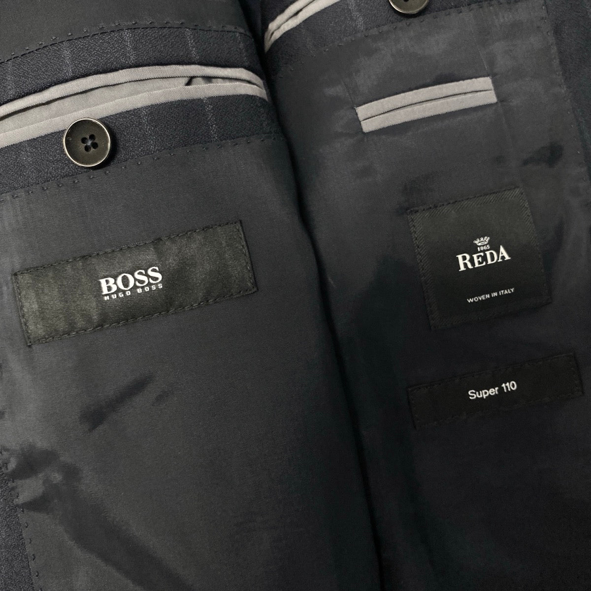 32e13 【美品】HUGO BOSS ヒューゴボス スーツセットアップ テーラードジャケット スラックス ストライプ REDA生地 46サイズ ネイビー ウール100％ メンズ 男性用u02t