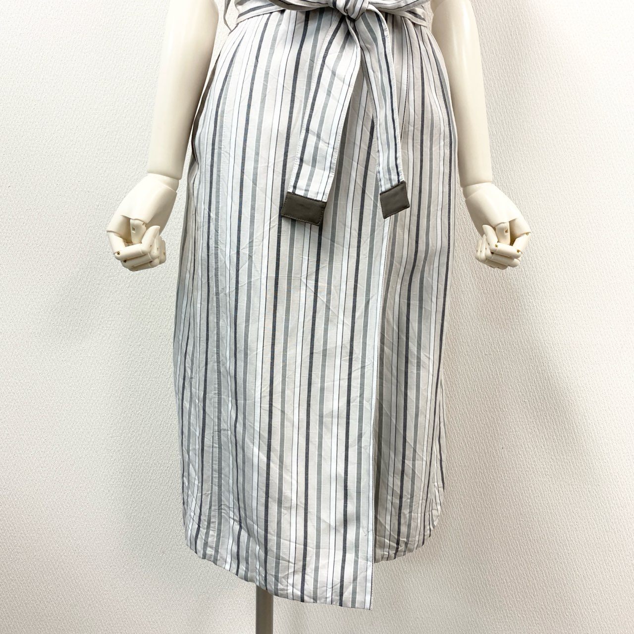 80k11 《美品》 MORABITO モラビト ノースリーブ リネンブレンド ストライプコート 38 ホワイトグレー ワンピースt18r