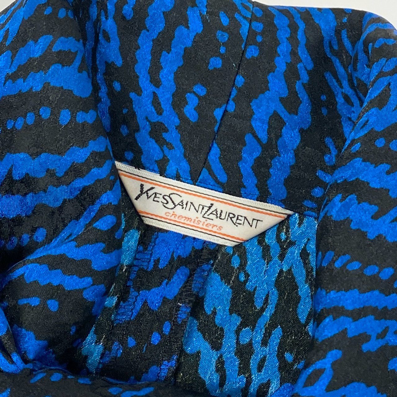 46a30 Vintage Yves Saint Laurent ヴィンテージ イヴサンローラン YSL ブラウス ボウタイシャツ  総柄 Blouse Bow Tie Shirt 7 ブルー レディースo07t