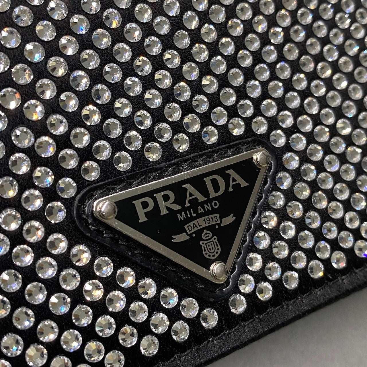 PRADA プラダ ラインストーン フラップカードホルダー ミニバッグ ブラック シルバー レディースta1
