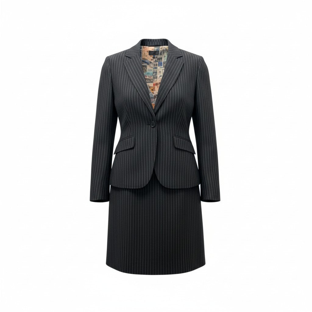 75c13 Paul Smith BLACK ポールスミス ブラック スカートスーツ セットアップ 裏地総柄 40/38 ブラック ストライプ レディースu02t