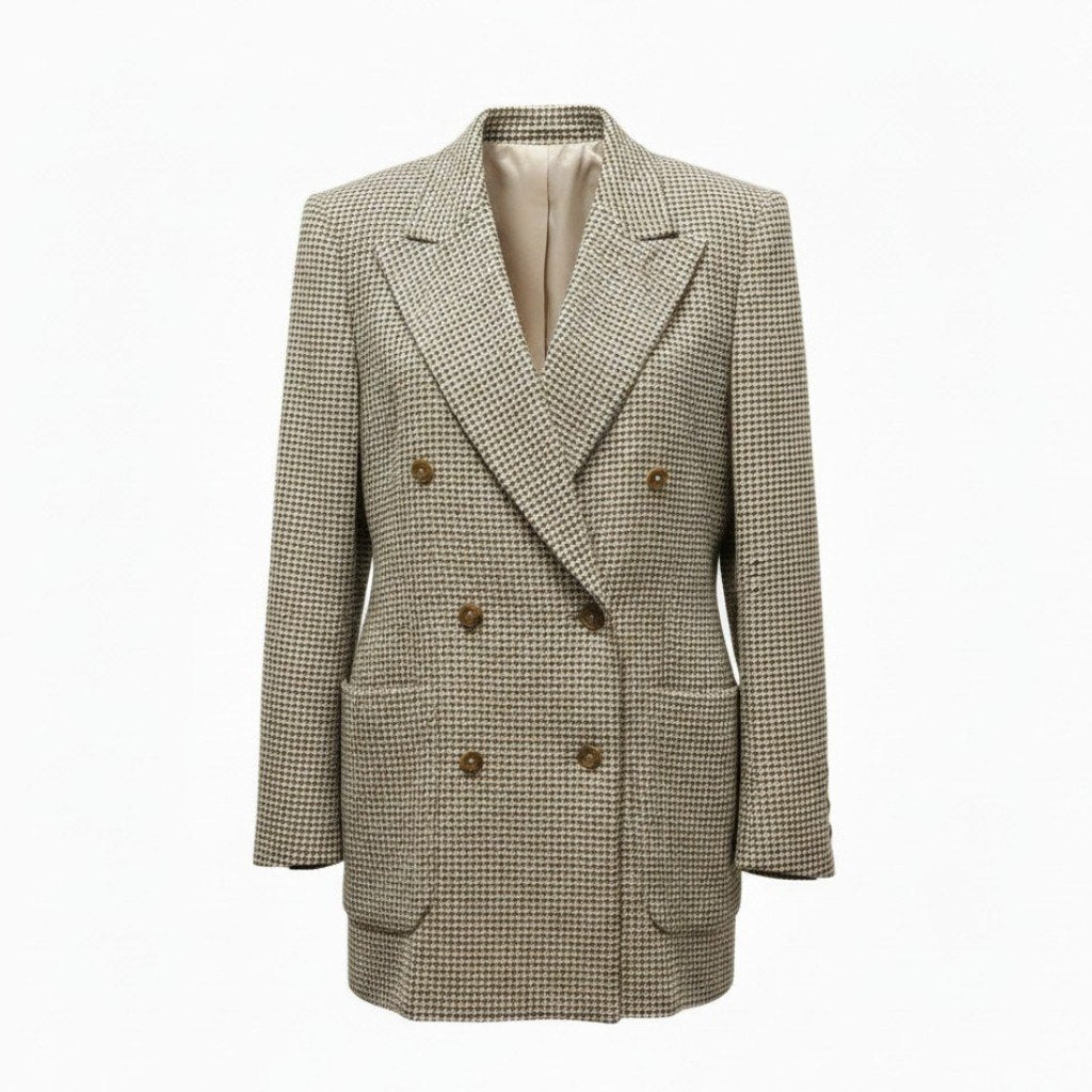 83e15【美品】ESCADA エスカーダ テーラードジャケット ウールカシミヤジャケット ブレザー 千鳥格子 38サイズ ベージュ レディース 女性用u02t