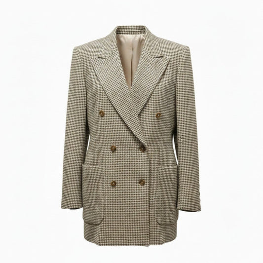 83e15【美品】ESCADA エスカーダ テーラードジャケット ウールカシミヤジャケット ブレザー 千鳥格子 38サイズ ベージュ レディース 女性用u02t