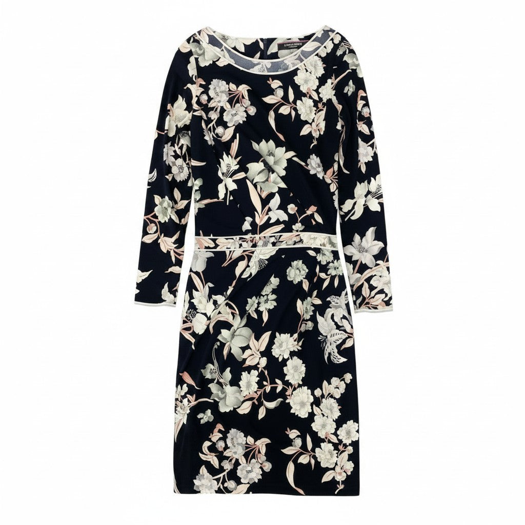 13e8 LEONARD FASHION レオナール ロングスリーブワンピース  美しい花柄プリント カンカン素材 ウエスト切替 0160223 サイズ36 ブラック レディース 女性用u02t