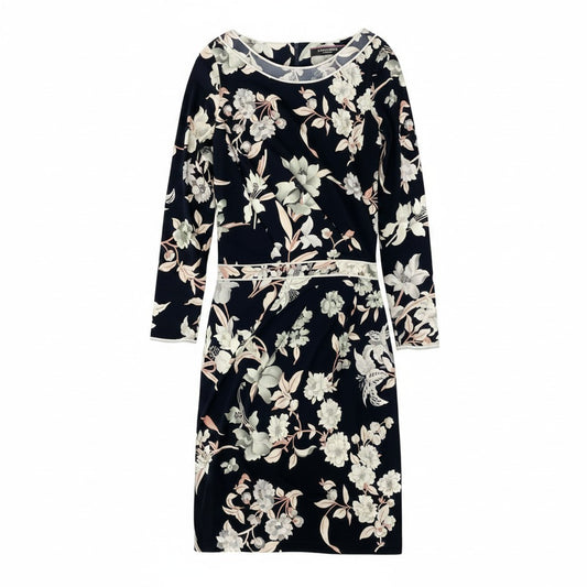 13e8 LEONARD FASHION レオナール ロングスリーブワンピース  美しい花柄プリント カンカン素材 ウエスト切替 0160223 サイズ36 ブラック レディース 女性用u02t