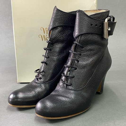 2f5 Vivienne Westwood ヴィヴィアンウエストウッド ピンバックルベルト ショートブーツ 39 ブラック レザー ブーティ シューズ 箱付き