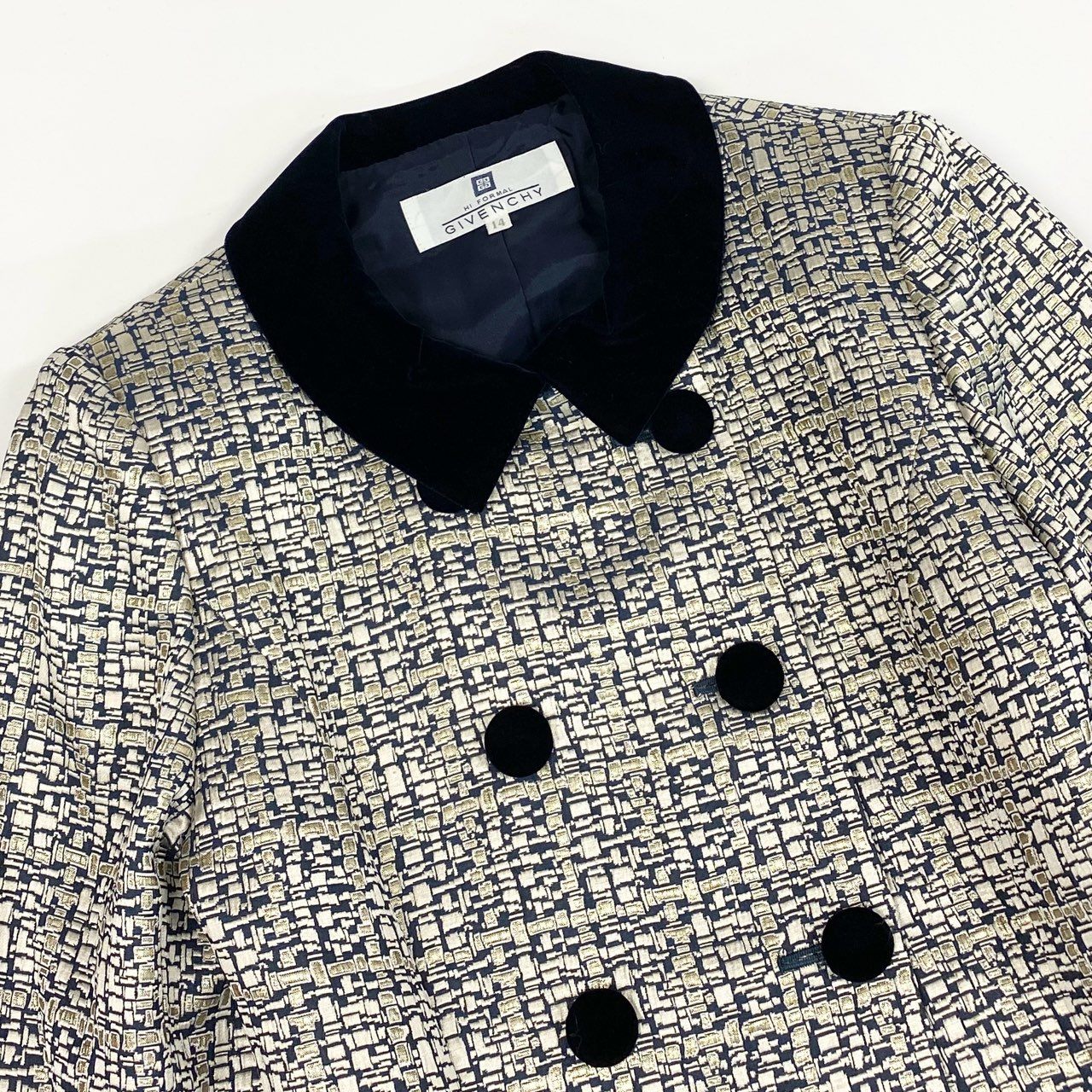 24l15《美品》 Vintage GIVENCHY ジバンシー  ベロア切替 テーラードジャケット ブレザー 総柄 14 ゴールド系 画像参照 レディースu02t