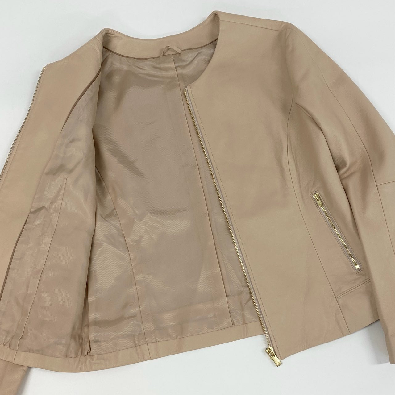 3g2 《美品》 ANAYI アナイ シングルライダース ライダースジャケット レザージャケット ノーカラー 102227-10-060 サイズ38 ピンク 羊革 レディース 女性用