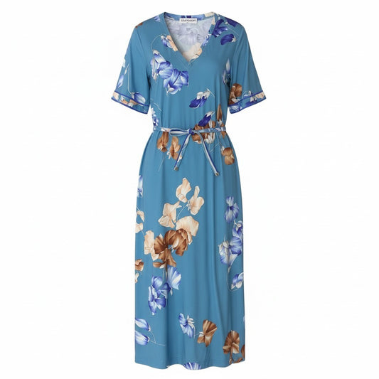35d12 《美品》 LEONARD PARIS レオナール ショートスリーブワンピース ロングワンピース 美しい花柄プリント Vネック サイズ38 ブルー系 ナイロン100％ レディース 女性用u02t