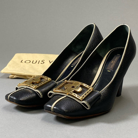 3i30 LOUIS VUITTON ルイヴィトン ゴールドフラワープレート スクエアトゥ ヒール パンプス ステッチ 35サイズ ブラック レザー レディースt18r