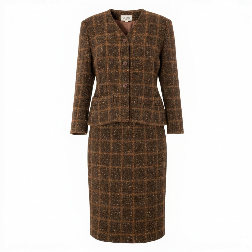 82a29 Vintage CELINE セリーヌ ツイード ジャケット スカート ゴールドチェーン 42 ブラウン ウールレーヨン フランス製u02t