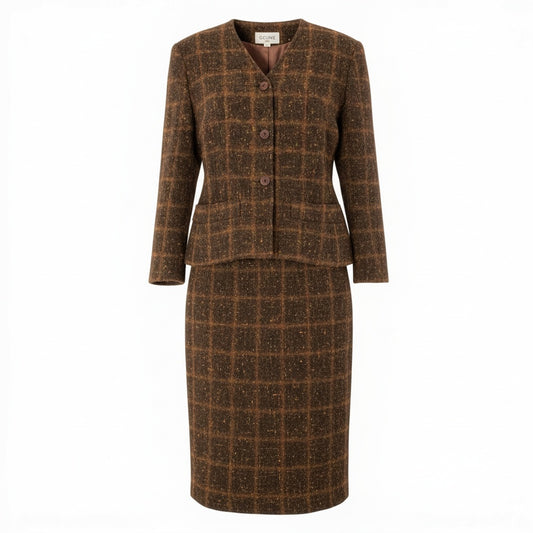 82a29 Vintage CELINE セリーヌ ツイード ジャケット スカート ゴールドチェーン 42 ブラウン ウールレーヨン フランス製u02t