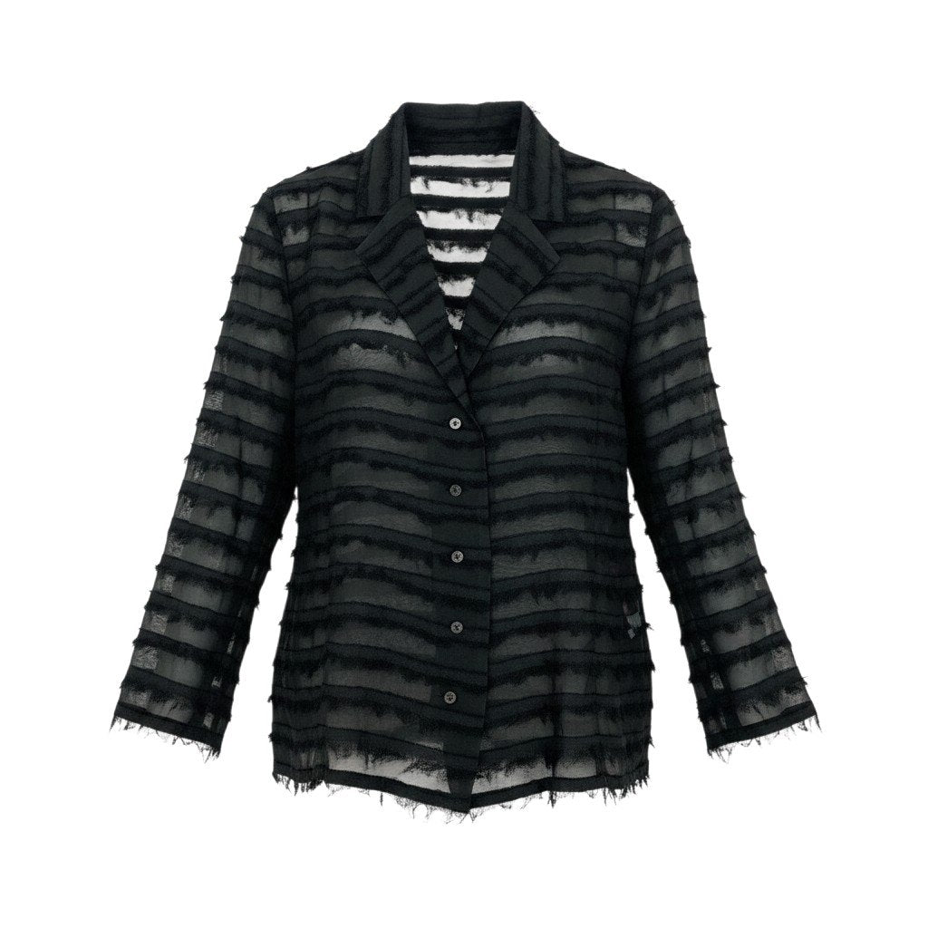 Ah28 ISSEY MIYAKE Haat イッセイミヤケ ハート ロングスリーブ シアーシャツ ボーダー サイズ2 ブラック レディースo07t