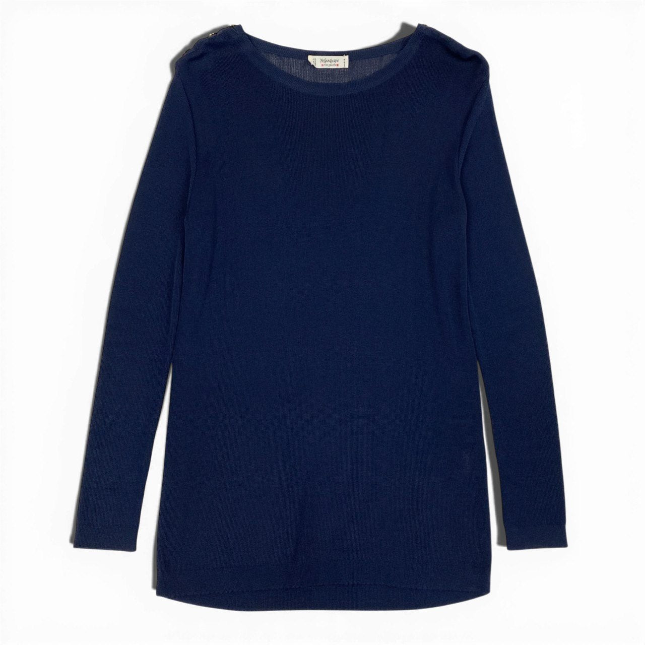 E  Yves Saint Laurent rive gauche イヴサンローラン リブゴーシュ 長袖ニット 金ボタン ネイビー レーヨン レディース フランス製u02t
