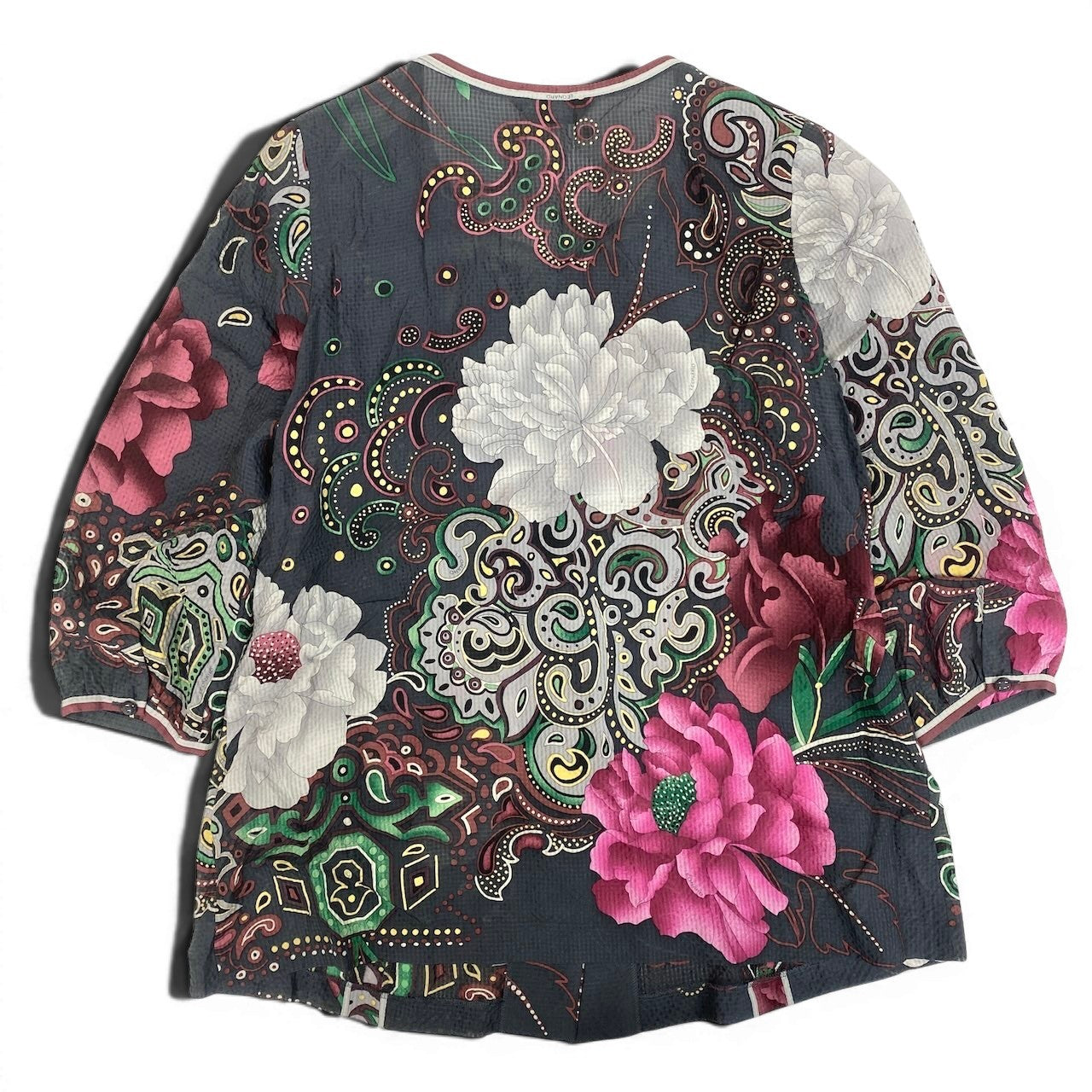 2g18 LEONARD FASHION レオナール ロングスリーブ シアーカーディガン 羽織 美しい花柄プリント ペイズリー柄 サイズ42 グレー シルク100％ レディースu02t