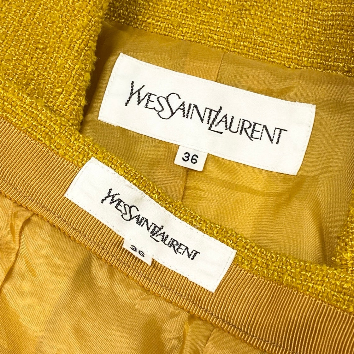 2g2 【美品】 YVES SAINT LAURENT イヴサンローラン セットアップ スカートスーツ ツイードジャケット サイズ36 イエロー系 レディースu02t
