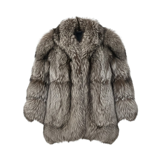 78j8 毛皮コート シルバーフォックス ボリューム 裾広がりデザインコート サイズ9 シルバー ブラウン FOX Fur レディースu02t