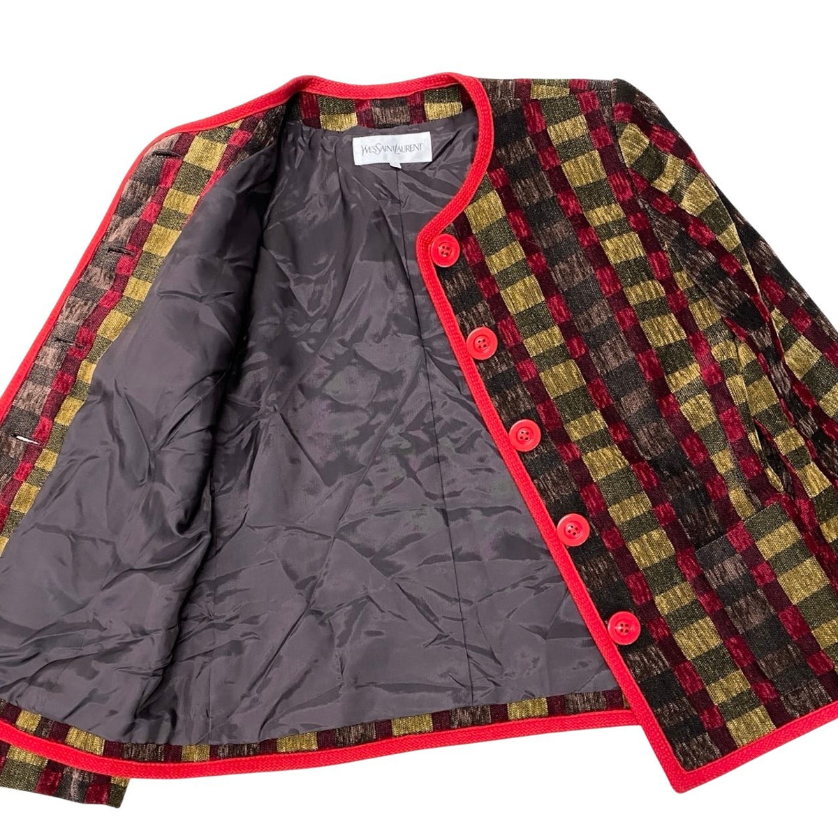 32i28 YVESAINTLAUREN イヴサンローラン ノーカラージャケット ベロア チェック柄 36サイズ マルチカラー レディース 女性用u02t