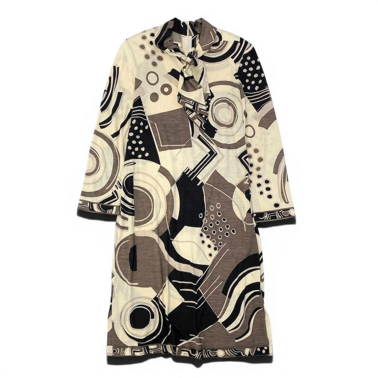 65e7 LEONARD FASHION レオナール ボウタイワンピース ロングワンピース 総柄プリント 大きいサイズ LL マルチカラー ウール シルク レディース 女性服o07t