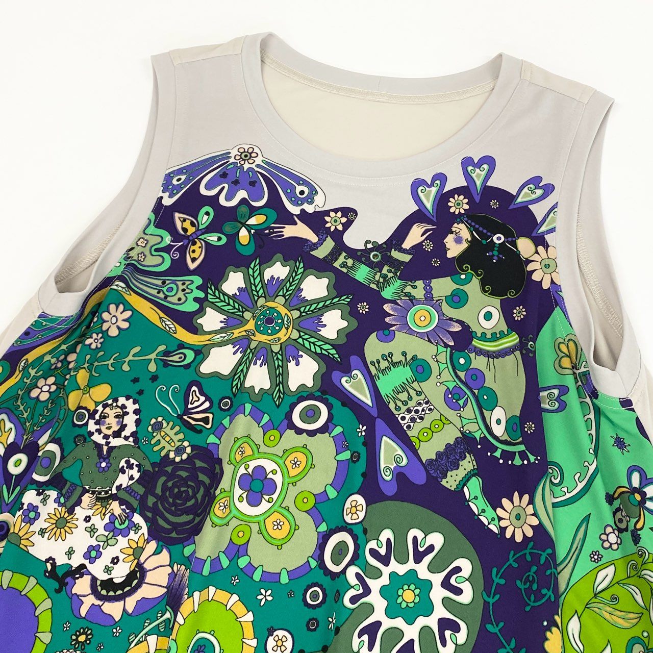 2k19《美品》 TOKUKO 1er VOL トクコプルミエヴォル チュニックワンピース ノースリーブ 裾変形デザイン プリント 刺繍 9 ベージュ レディースu02t