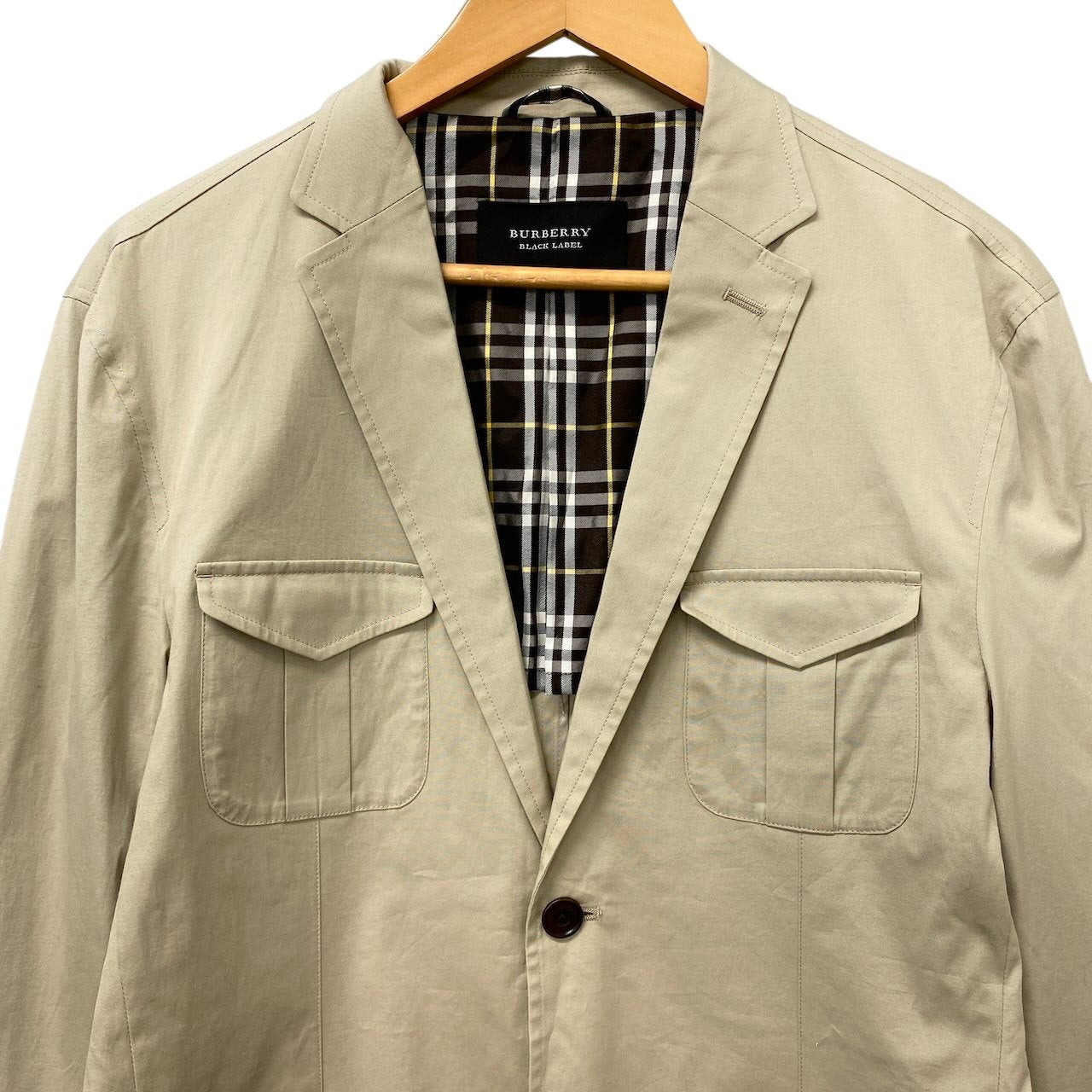 77e18 BURBERRY バーバリー テーラードジャケット ブレザー 背抜き 裏地チェック柄 Lサイズ ベージュ コットン メンズo07t