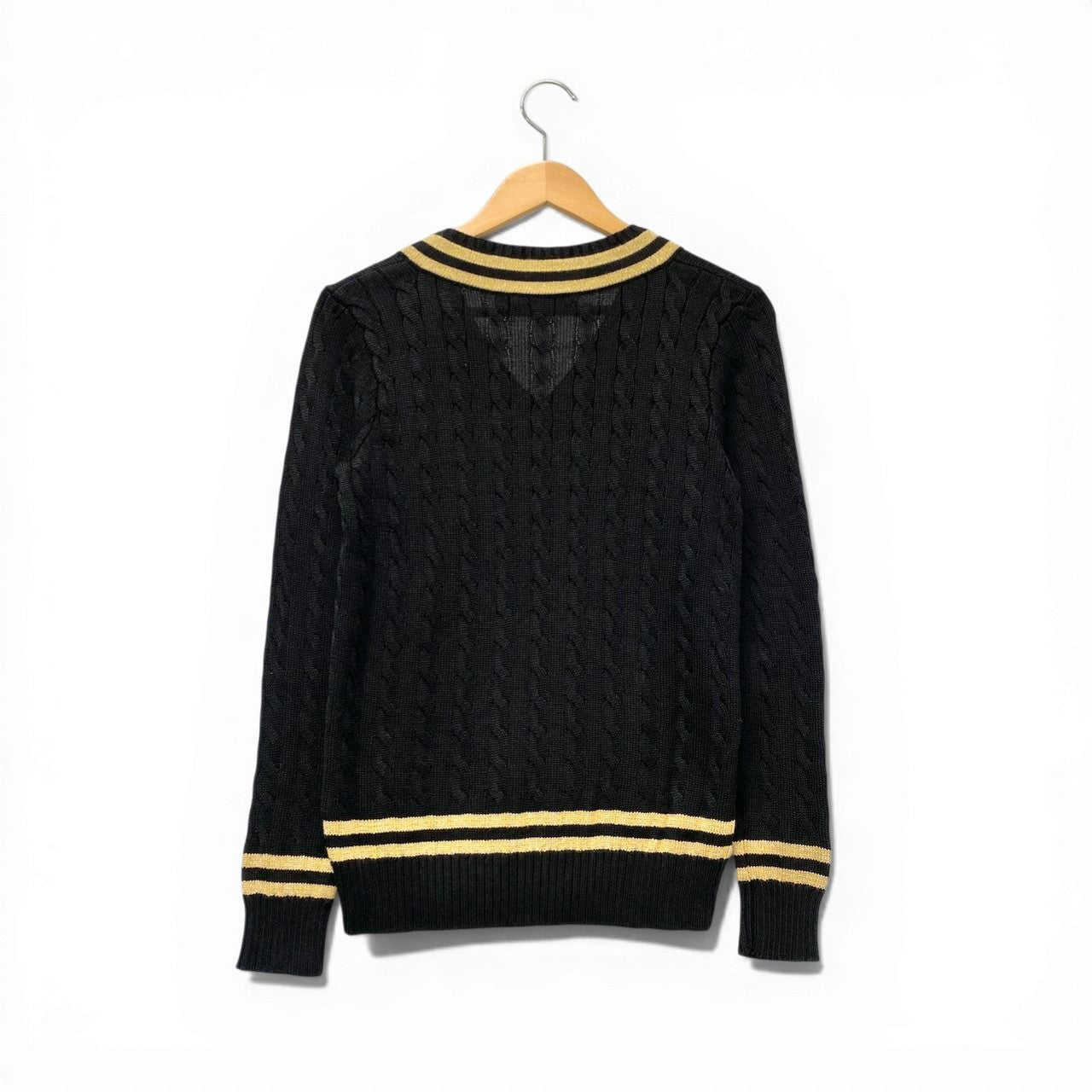 67c31 【美品】LAUREN RALPH LAUREN ローレンラルフローレン ケーブルニットセーター チルデンセーター トップス Mサイズ ブラック ゴールド レディース 女性用u02t