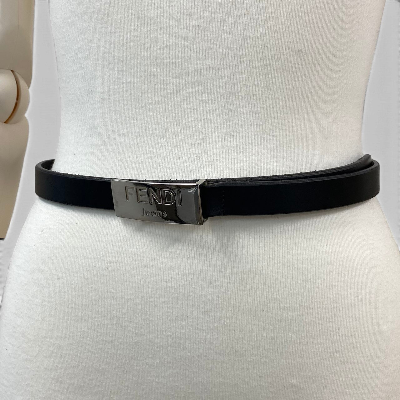 f10 FENDI jeans フェンディジーンズ ロゴプレート レザーベルト 細ベルト サイズ40 ダークブラウン レディース 女性用u02t